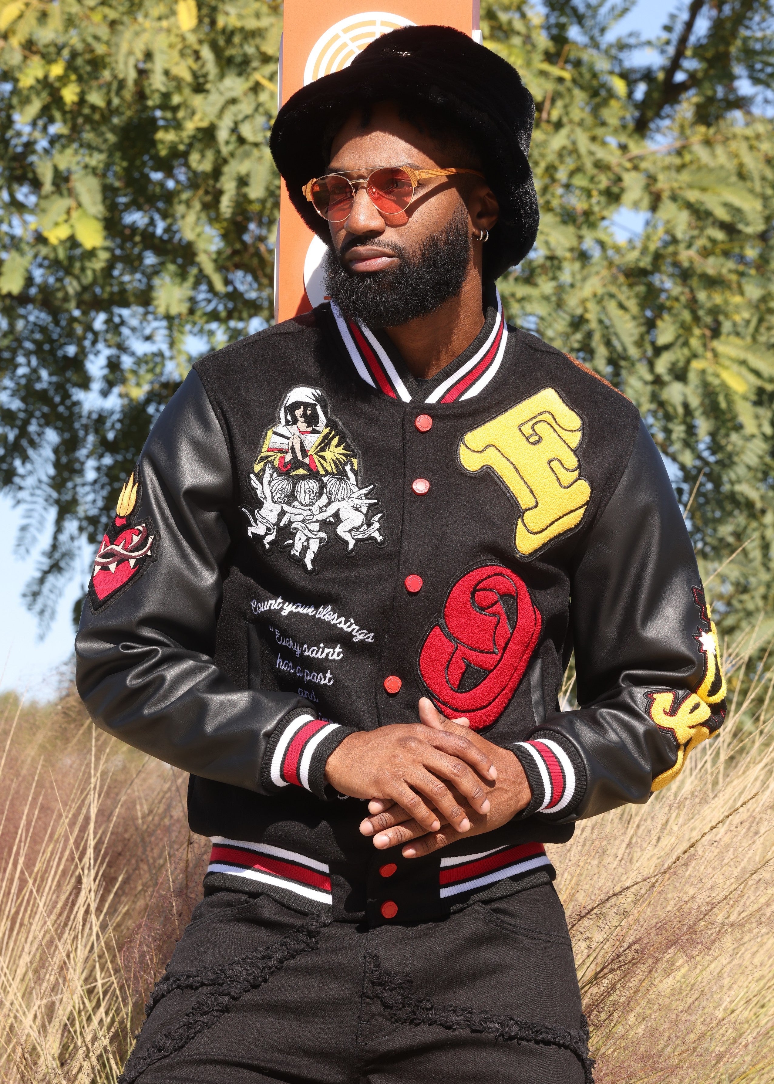 F1021 "SAINTS" Wool Varsity Jacket - Black