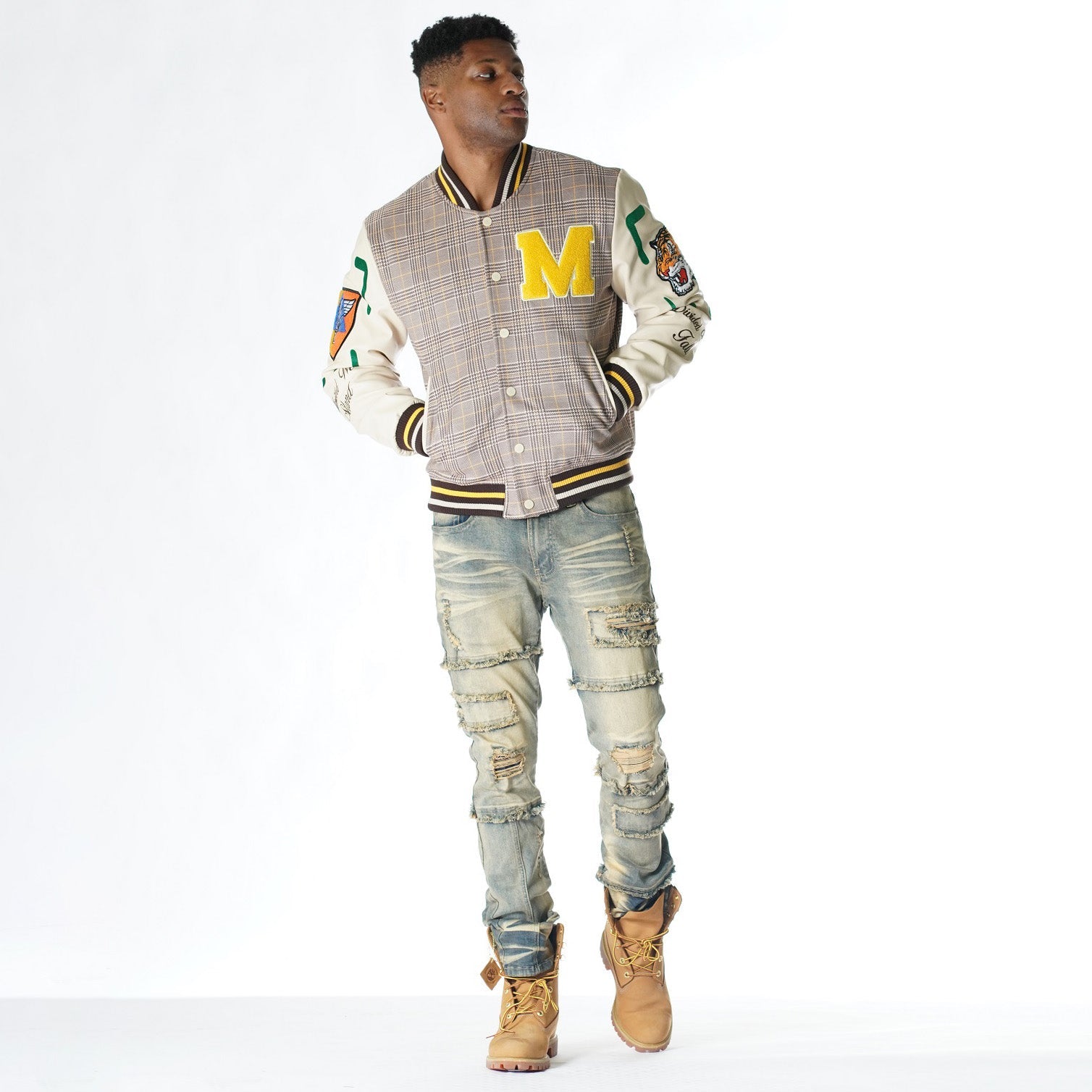 M4315 Vercelli Plaid Varsity Jacket - Khaki