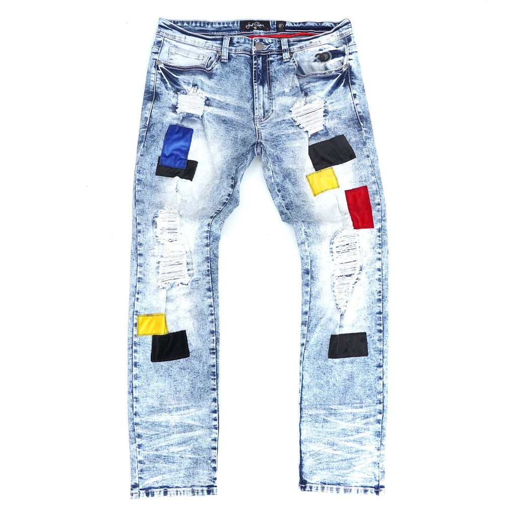 F1715 Frost Patchwork Denim Shredded Jeans  - Light Wash