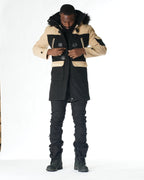 F1330 Maurice Wool Long Jacket w/ Fur- Black/Khaki