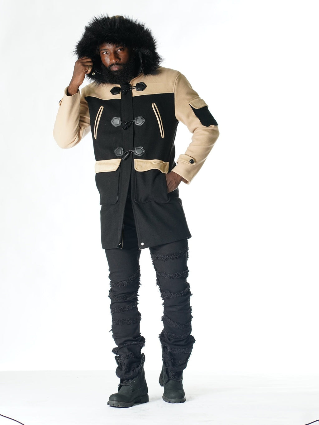 F1330 Maurice Wool Long Jacket w/ Fur- Black/Khaki