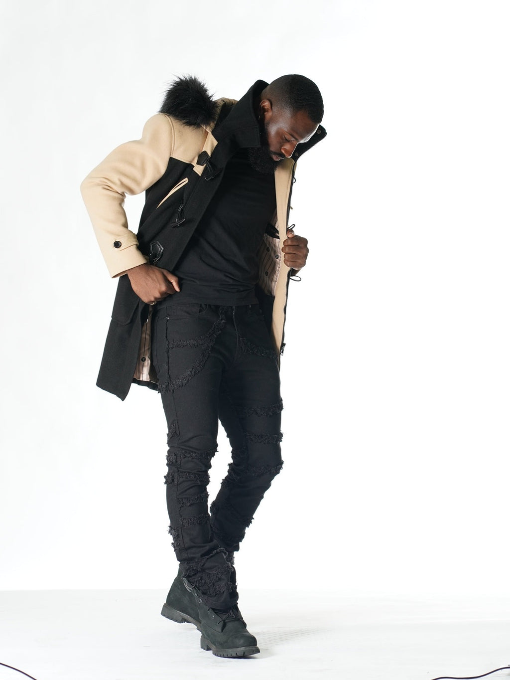 F1330 Maurice Wool Long Jacket w/ Fur- Black/Khaki