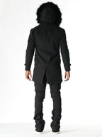 F1330 Maurice Wool Long Jacket w/ Fur- Black