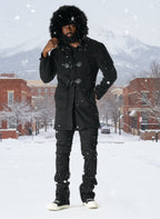 F1330 Maurice Wool Long Jacket w/ Fur- Black