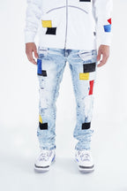 F1715 Frost Patchwork Denim Shredded Jeans  - Light Wash
