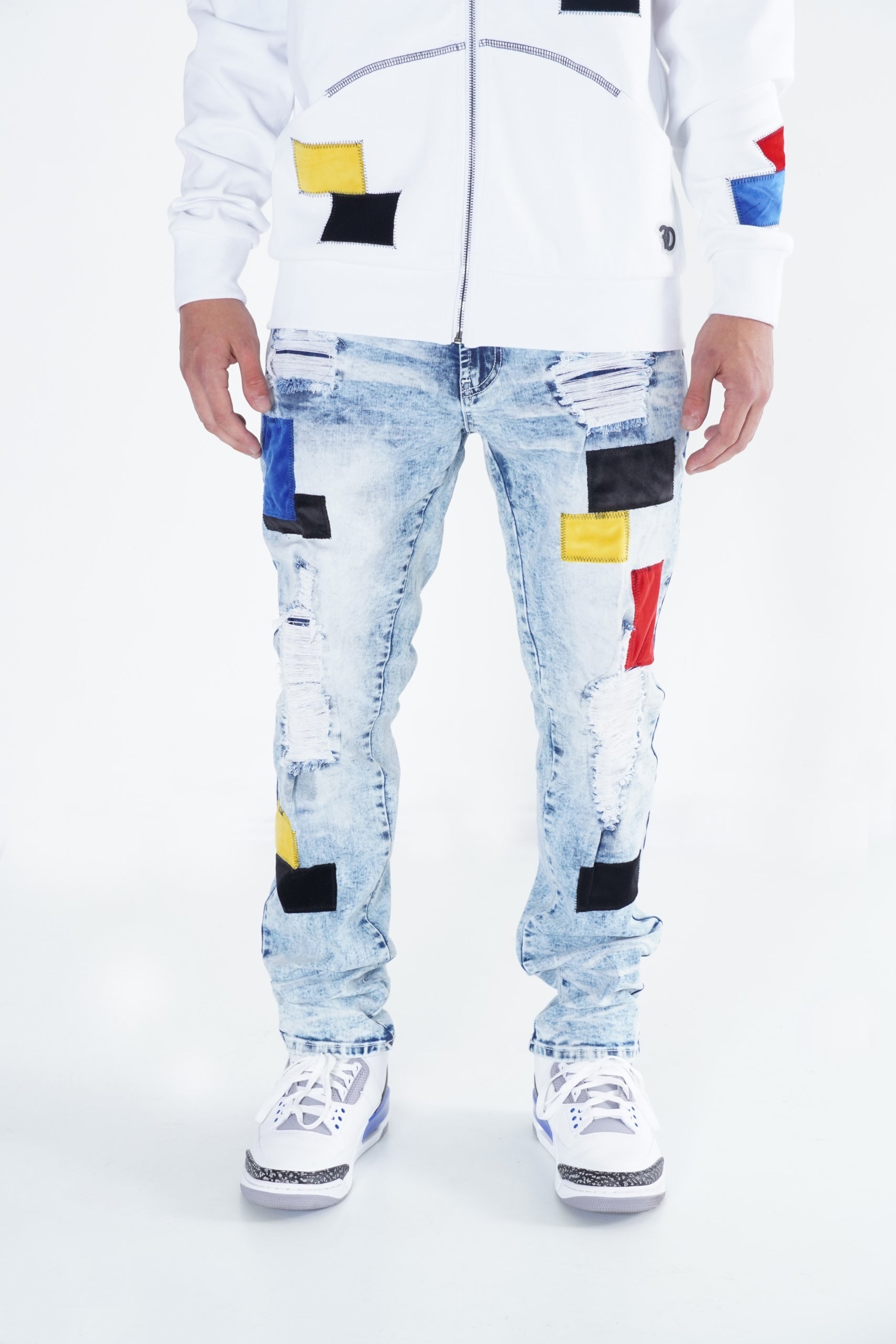 F1715 Frost Patchwork Denim Shredded Jeans  - Light Wash