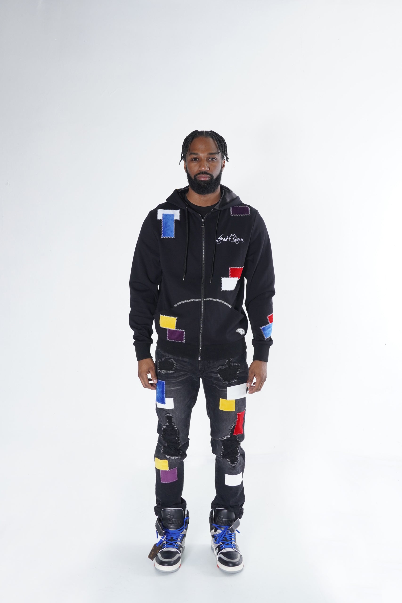 F1715 Frost Patchwork Denim Shredded Jeans - Black Wash