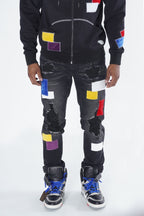 F1715 Frost Patchwork Denim Shredded Jeans - Black Wash