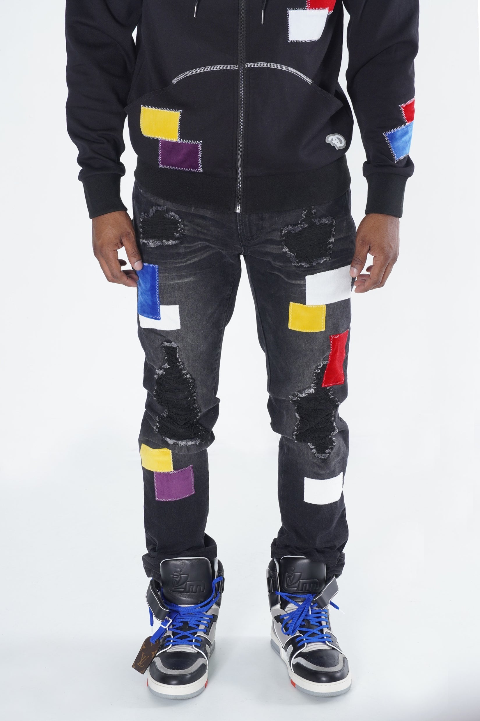 F1715 Frost Patchwork Denim Shredded Jeans - Black Wash