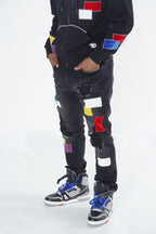 F1715 Frost Patchwork Denim Shredded Jeans - Black Wash