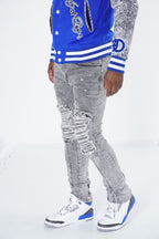 F1748A Shredded Biker Denim Jeans w/ Bottom Leg Zipper | 32-inch Inseam - Gray