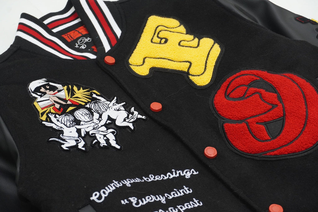 F1021 "SAINTS" Wool Varsity Jacket - Black