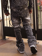 F1723 Tattered Denim Stacked  Jeans - Black