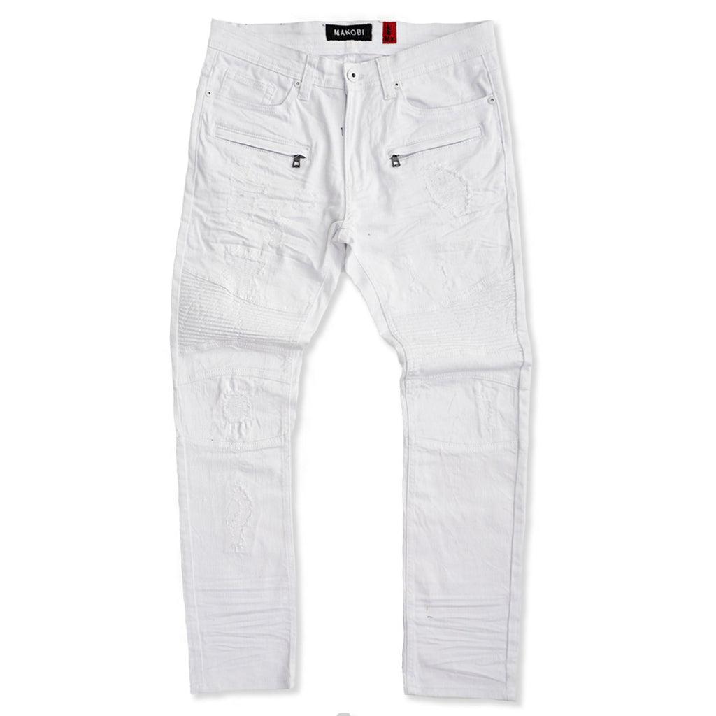 M1786 Makobi Prado Biker Jeans with Rip & Repair - White