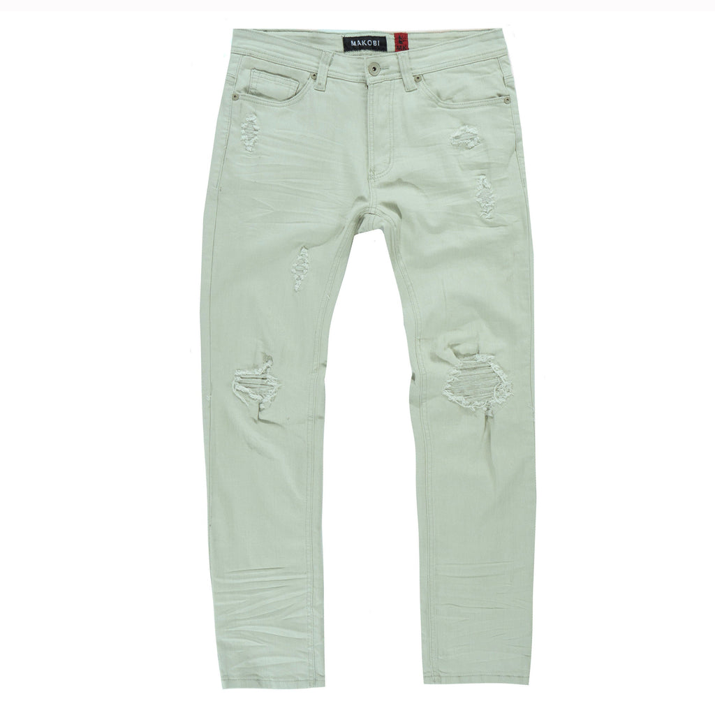 M1932 Makobi Brighton Shredded Twill Jeans - Light Olive
