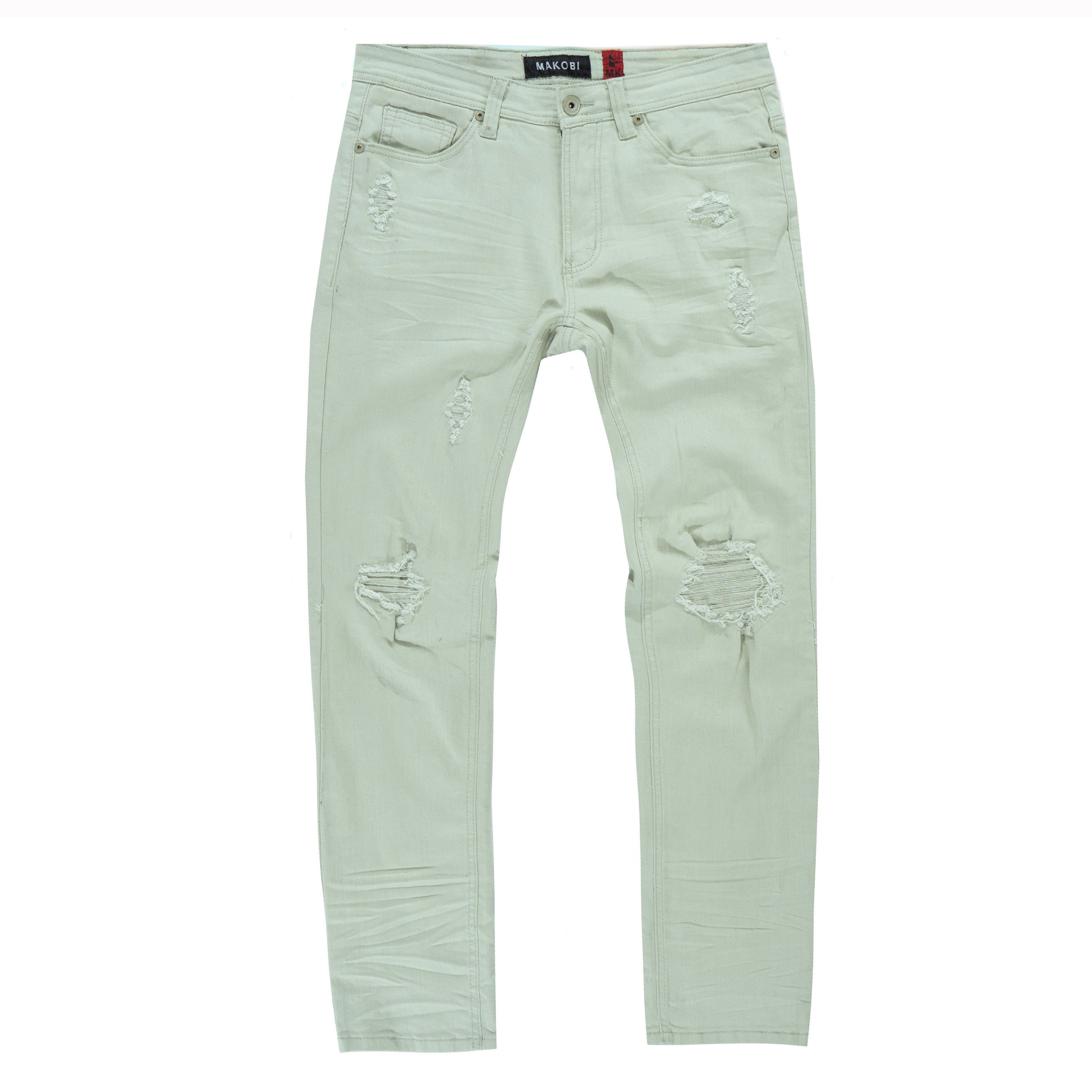 M1932 Makobi Brighton Shredded Twill Jeans - Light Olive