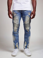 M1798 Makobi Biker Jeans with Blasting & Repair Stitching - Vintage Wash