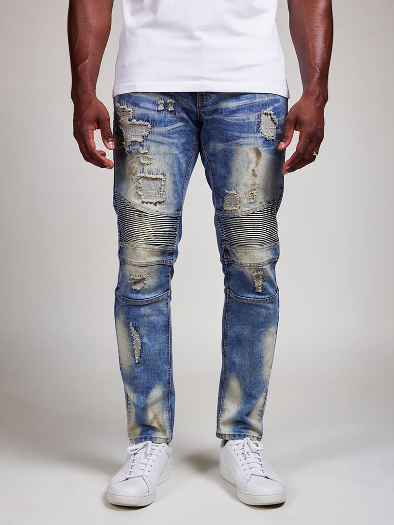 M1798 Makobi Biker Jeans with Blasting & Repair Stitching - Vintage Wash