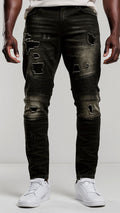 M1798 Makobi Biker Jeans with Blasting & Repair Stitching - Black Wash