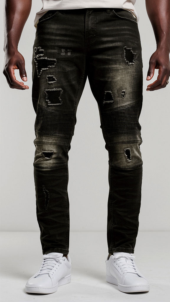M1798 Makobi Biker Jeans with Blasting & Repair Stitching - Black Wash