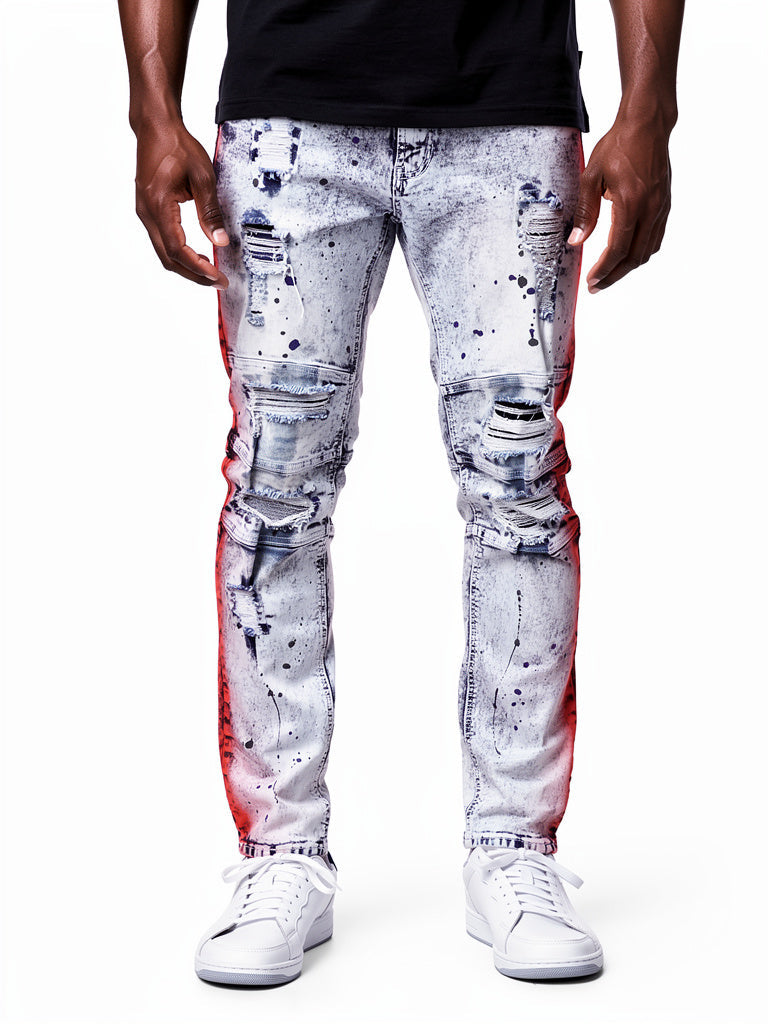 M1938 Paint Stroke Shredded Denim Jeans - Light Wash